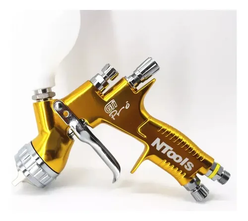 Pistola de pintura profesional NTools GTI Pro en color dorado. Vista de perfil lateral sobre fondo blanco.