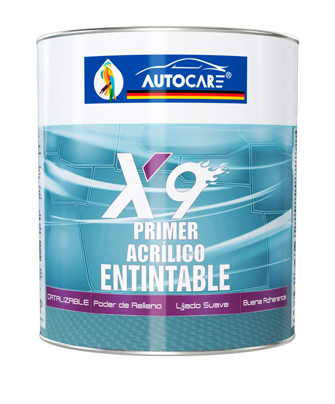 Envase de Base Primer Universal Gris Autocare para preparación de superficies en talleres automotrices. Fondo blanco.