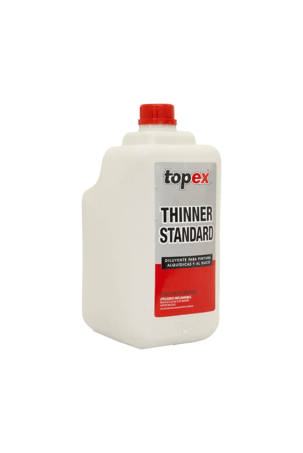 Envase de Diluyente Thinner Acrílico Estándar Topex para talleres de planchado y pintura. Fondo blanco.